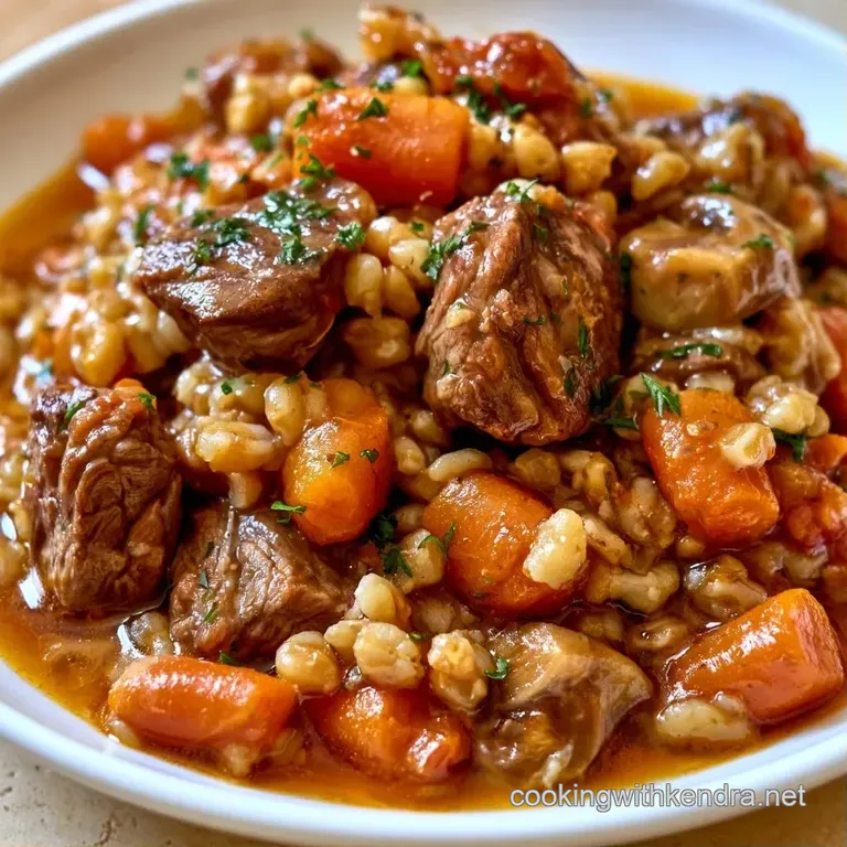 A rustic ceramic bowl of chunky brown stew garnished with fresh parsley, served beside a warm piece of crusty bread.