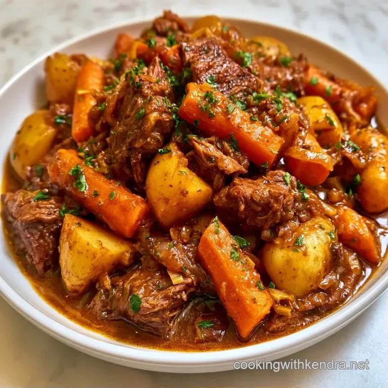 A wide white bowl of rich beef stew topped with fresh parsley, served beside a slice of toasted crusty sourdough.