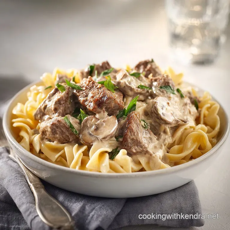 Elegant plate of beef stroganoff; swirls of sour cream, a sprinkle of fresh parsley, and a golden-brown crusty bread on th...