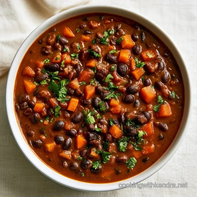 A matte black bowl of dark, creamy bean soup garnished with diced red onions and a swirl of white cream.