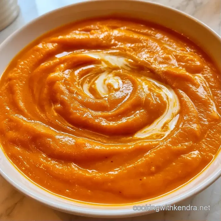 A polished white bowl of smooth golden soup featuring a spiral of cream and a sprinkle of fresh green herbs.
