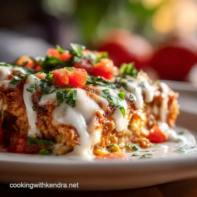 Creamy, saucy chicken parmesan casserole with a sprinkle of fresh herbs, served on a clean white plate.