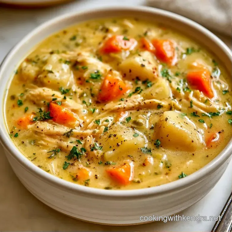 Thick, creamy white soup served in a polished ceramic bowl topped with a sprig of fresh parsley and cracked pepper.