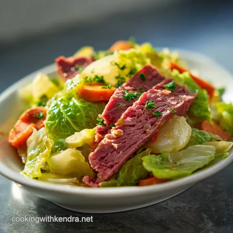 Elegant plate of sliced corned beef with tender cabbage wedges, carrots, and potatoes, glistening with savory stout broth.