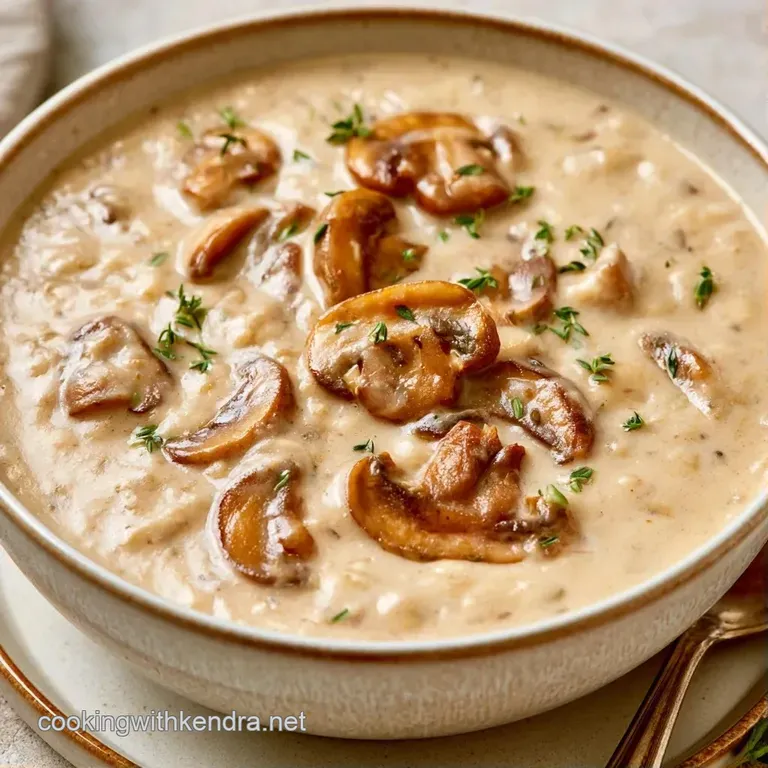 Creamy taupe soup in a minimalist bowl, accented with a swirl of cream and a crisp toasted baguette on the side.