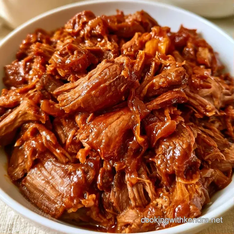 Heaping pile of tender, shredded meat glistening with dark red BBQ sauce, served on a clean white ceramic platter.