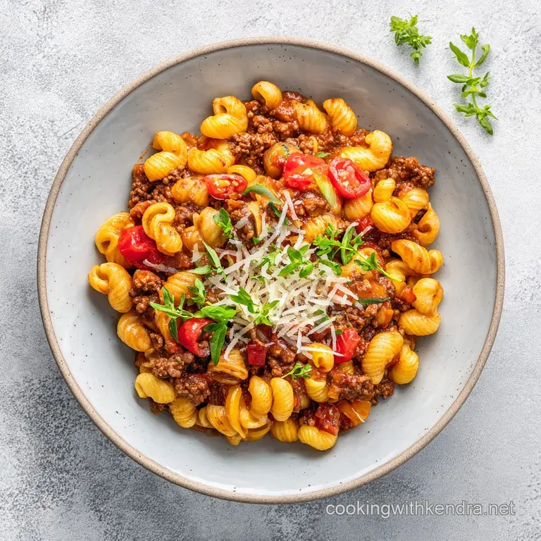 A generous portion of cheesy taco pasta artfully arranged with a sprinkle of fresh cilantro and a lime wedge.