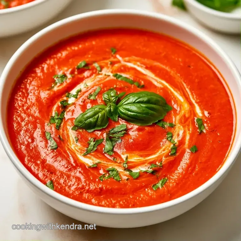 Vibrant red soup in a white bowl with a cream swirl, fresh basil, and a side of golden-brown toasted sourdough.