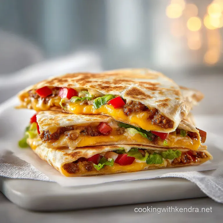 Sizzling quesadilla wedges artfully arranged, showcasing melted cheese and charred beef edges.