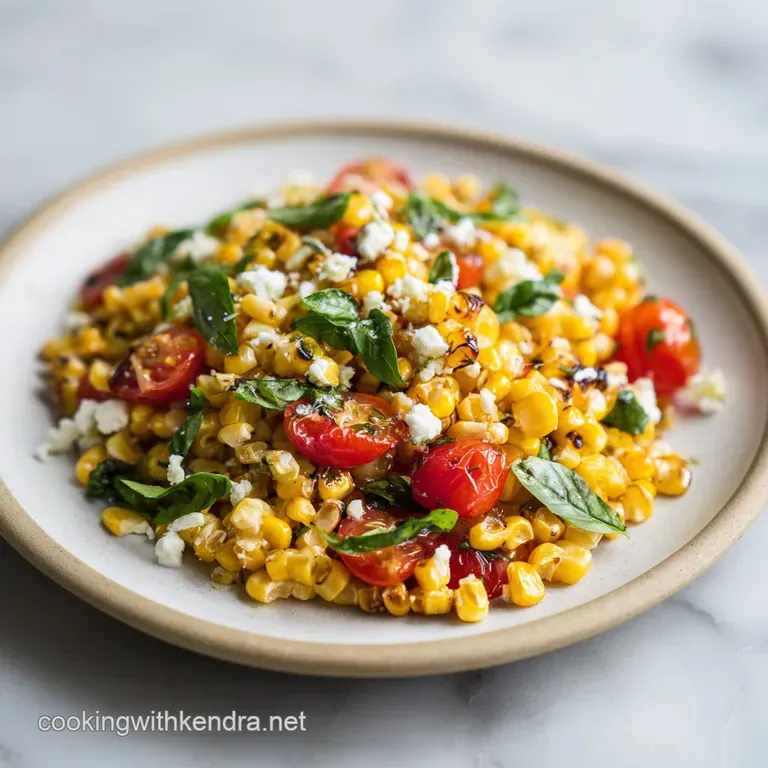 Elegant corn salad: plump, juicy corn and herbs are artfully arranged, topped with a dollop of creamy dressing.