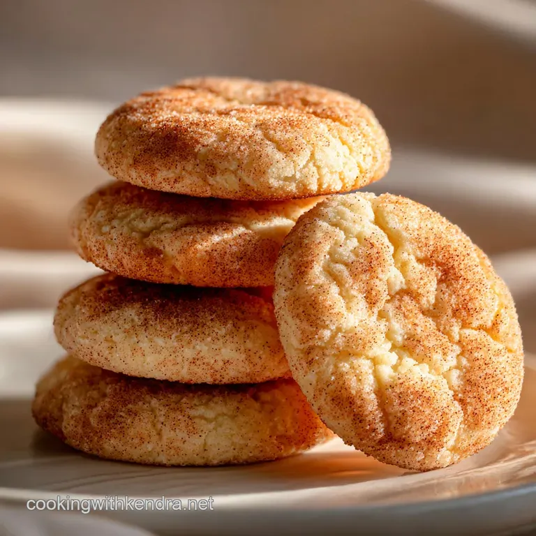 Stack of three snickerdoodle cookies on a white plate. Cinnamon dusting, rustic edges, inviting dessert scene. Simple, del...