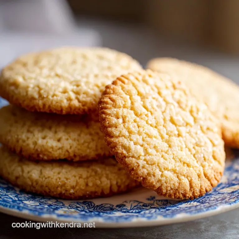 A stack of golden sugar cookies artfully arranged on a white plate, some dusted with a hint of powdered sugar.