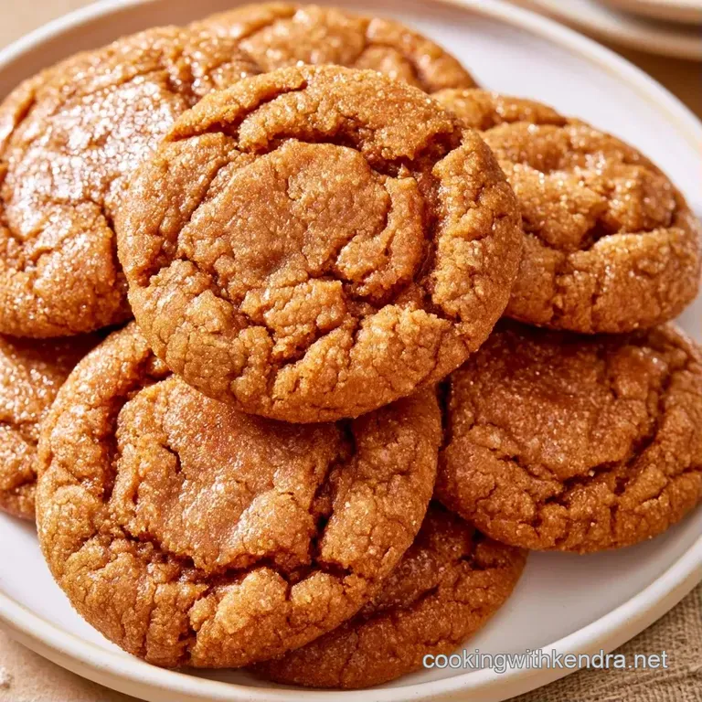 Neatly stacked warm brown spice cookies on a white plate, garnished with a cinnamon stick and a glass of milk.