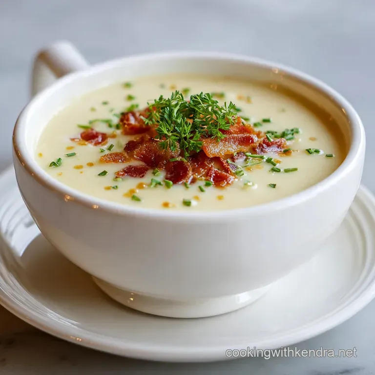 A bowl of creamy potato soup with wilted greens, artfully plated with a spoon. A comforting, rustic, and warm presentation.