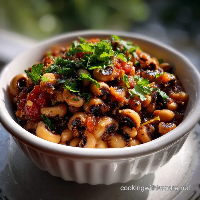 Creamy black eyed peas artfully plated with a swirl of olive oil and a sprinkle of paprika, served on a white ceramic plate.