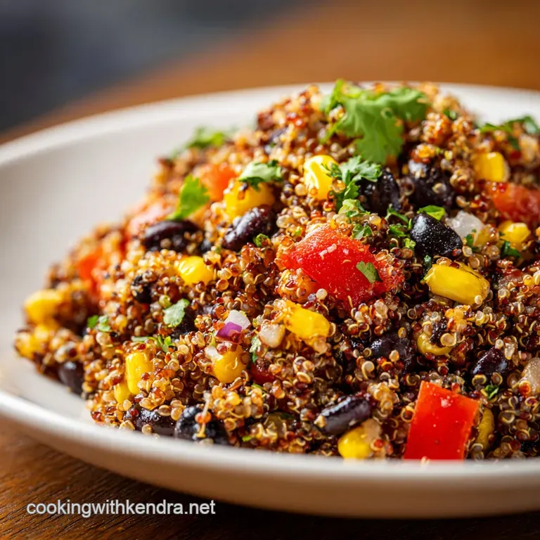A rustic wooden bowl overflowing with fluffy quinoa, plump black beans, sweet corn, and diced red peppers.
