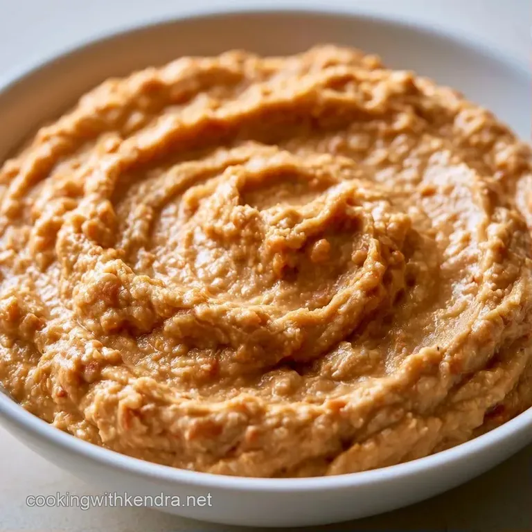 A creamy bean puree served in a white bowl with colorful tortilla chips and sliced jalape&ntilde;os on a wooden tray.