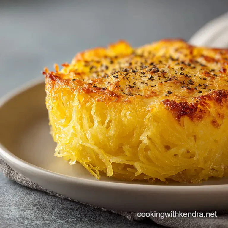 Elegant white platter showcasing bubbly, toasted cheese over tender vegetable strands with a sprinkle of herbs.