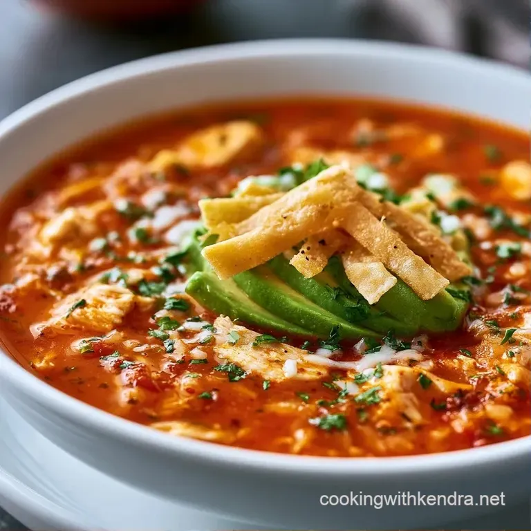 A rustic ceramic bowl filled with spicy red soup, topped with creamy avocado slices, crisp tortilla strips, and lime.