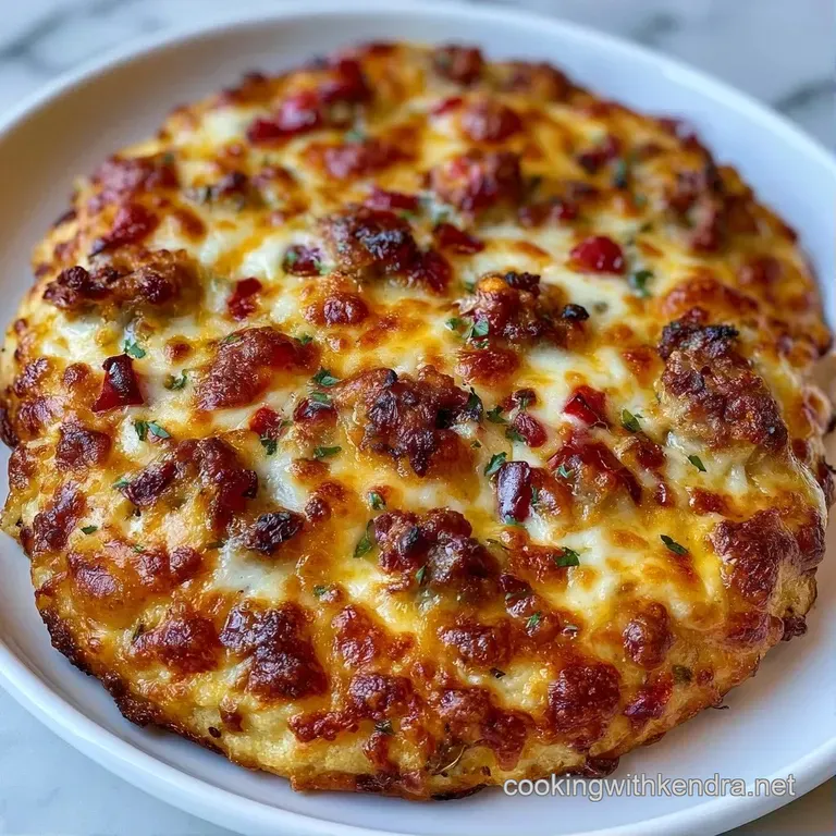 Thin, golden-brown crust topped with browned sausage and fresh green basil leaves on a white ceramic plate.