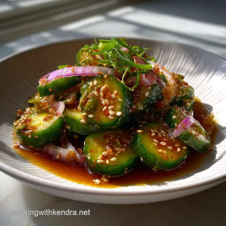 Bright green cucumber ribbons with a vibrant red-orange chili dressing, sprinkled with sesame seeds, artfully arranged on ...