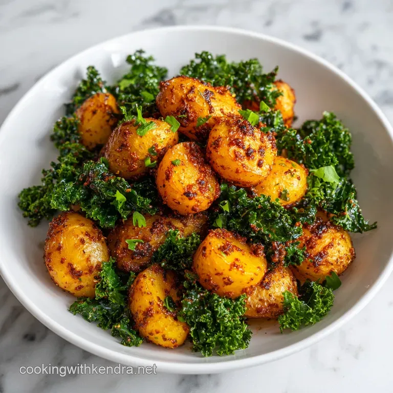 Golden-brown potato chunks and saut&eacute;ed dark greens in a matte bowl, finished with a drizzle of creamy sauce.