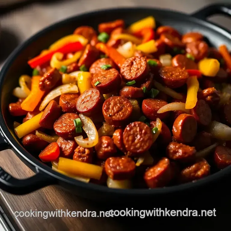 Spicy Spanish Chorizo with Sautéed Peppers and Onions presentation