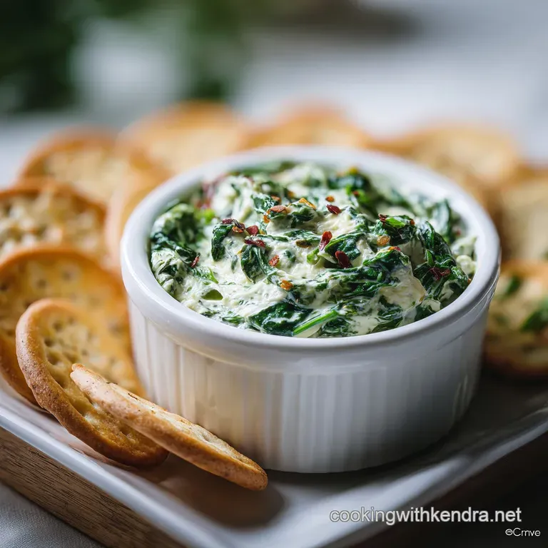 Elegant spinach dip: creamy green contrasted against toasted baguette, garnished with a vibrant red pepper flake sprinkle ...