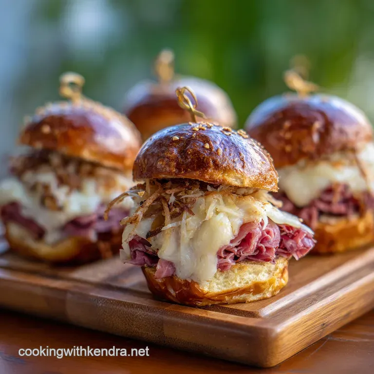Crispy slider halves stacked high, oozing with cheese. Flaky crust texture visible; vibrant green garnish adds a fresh pop.