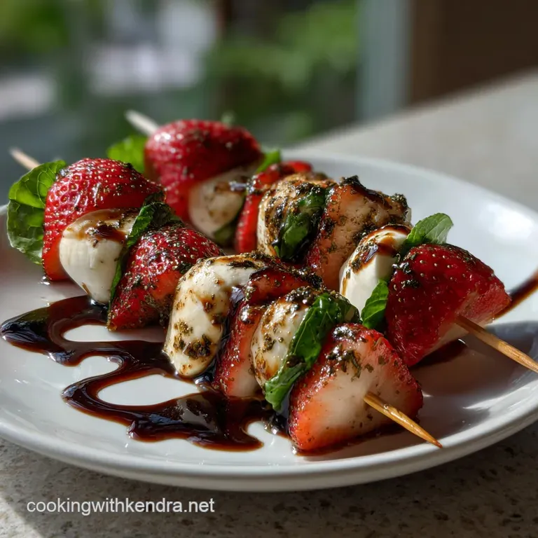 Elegant plate featuring skewered strawberries, cheese, and basil. The balsamic glaze glistens, creating a colorful and app...