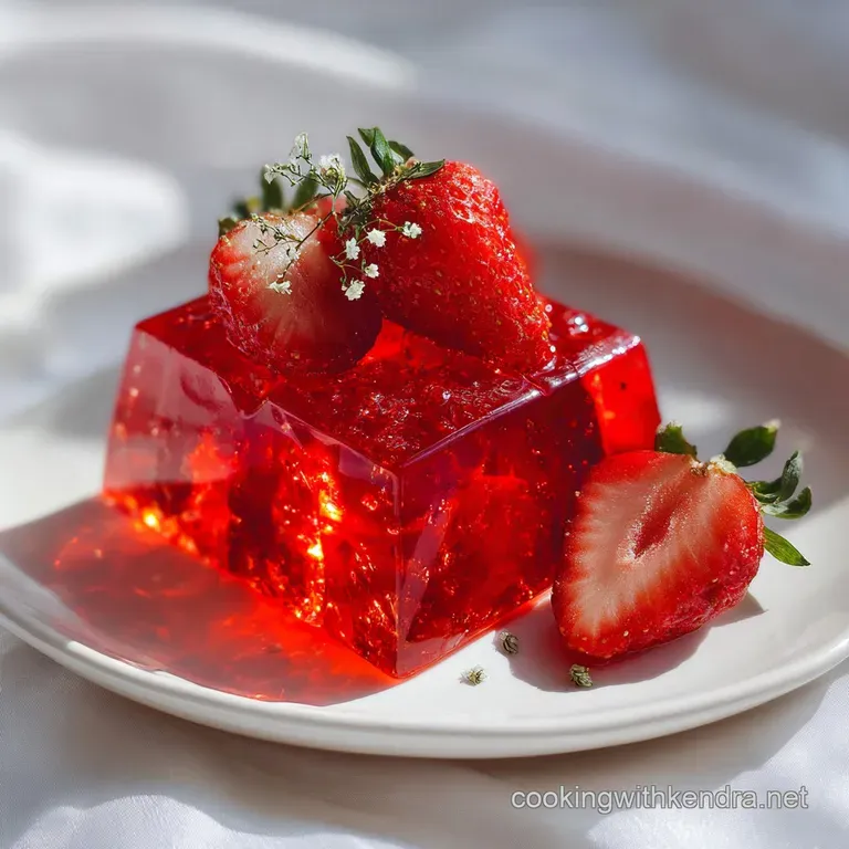 Elegant spoonful of translucent strawberry jelly, catching the light, on a porcelain spoon, beside sliced bright red straw...