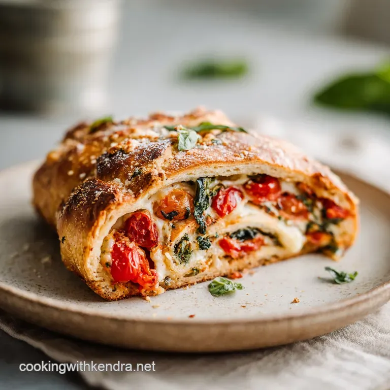 Stromboli slices arranged artfully on a white plate, steam rising, hinting at the warm, gooey filling; a sprinkle of herbs.