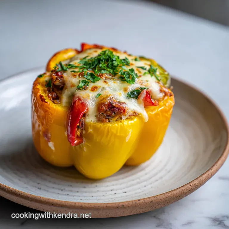 Vibrant, halved stuffed bell pepper with glistening ground beef filling. Sprinkled fresh herbs and rich tomato sauce on a ...