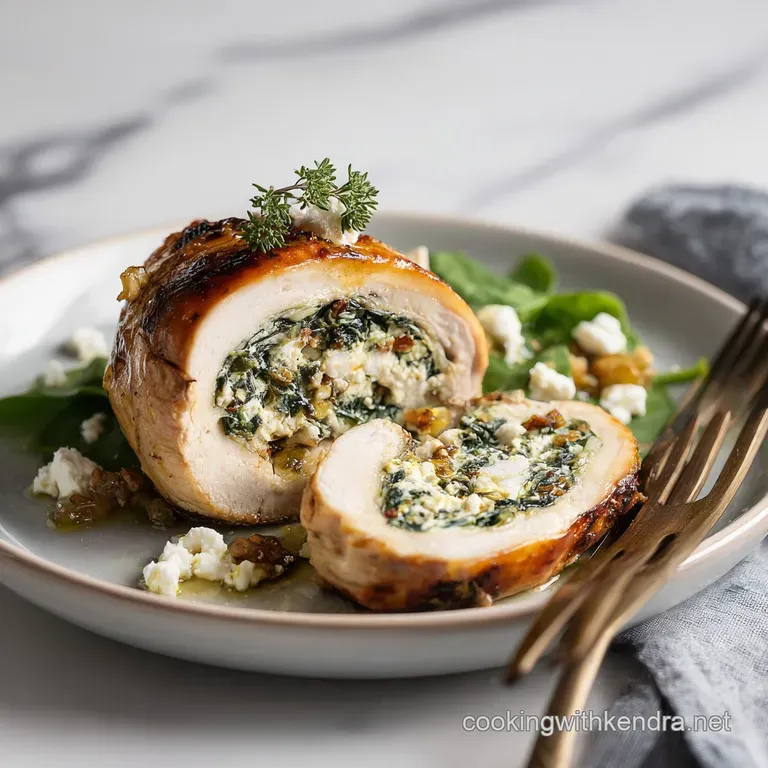 Elegant plated chicken roulade slices with vibrant green herbs and a creamy sauce, showcasing a delicious, refined meal.