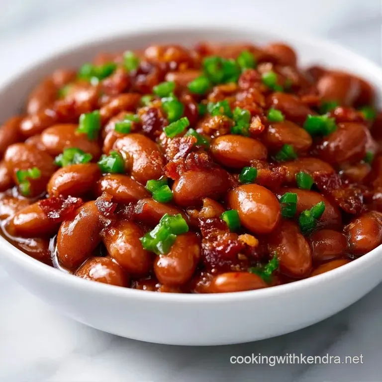 Glossy brown beans and crispy bacon served in a white bowl, garnished with fresh green scallions on a rustic table.