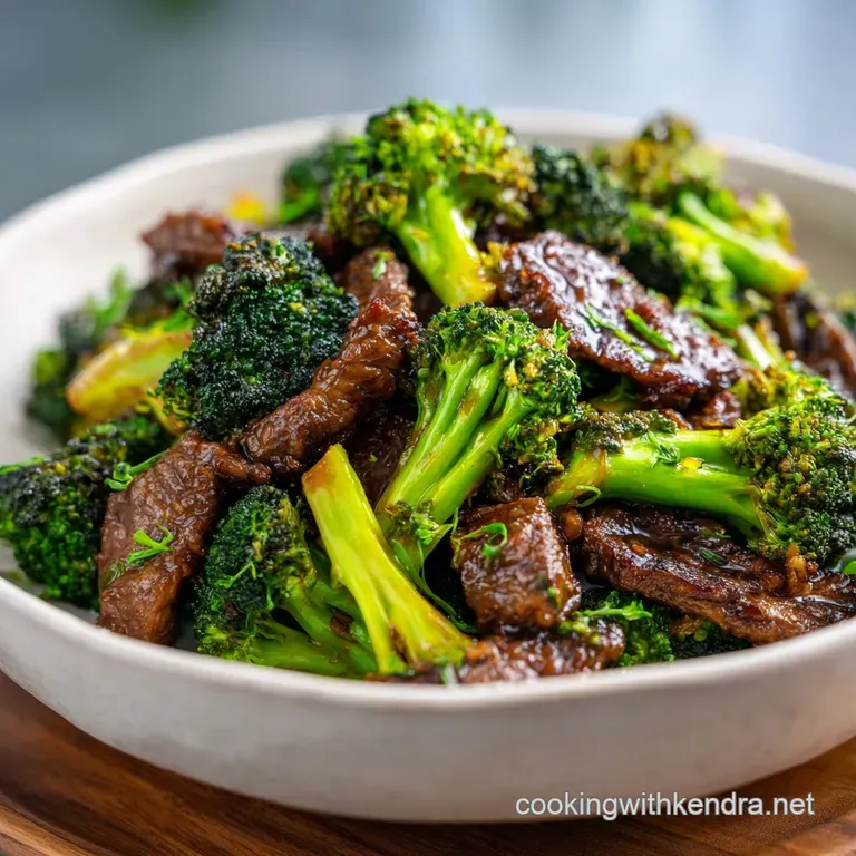 Steaming beef and broccoli artfully arranged on a white plate, garnished with sesame seeds and scallions. Light reflecting...