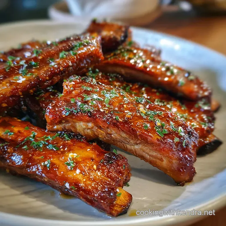 Perfectly arranged beef rib resting on creamy mashed potatoes, garnished with vibrant green parsley and a drizzle of pan jus.