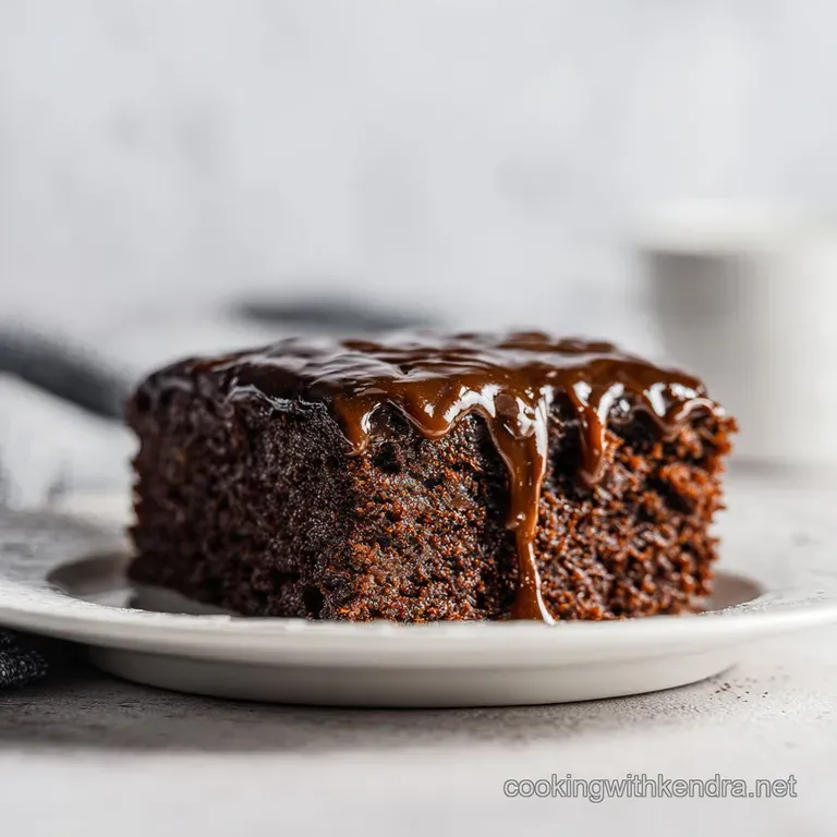 A decadent slice of chocolate sheet cake adorned with delicate chocolate shavings and a dusting of powdered sugar.