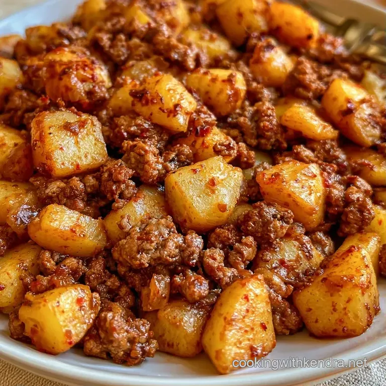 Seasoned beef and golden potatoes piled high on a white plate, garnished with sliced jalape&ntilde;os and cilantro.