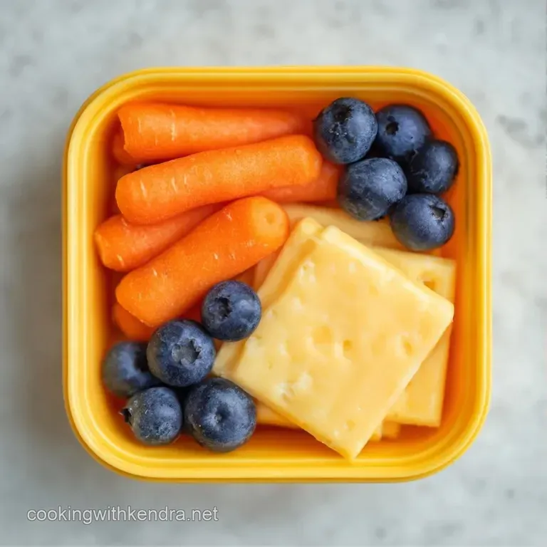 Assorted bite-sized snacks neatly organized in small compartments with pops of orange carrots and purple grapes.