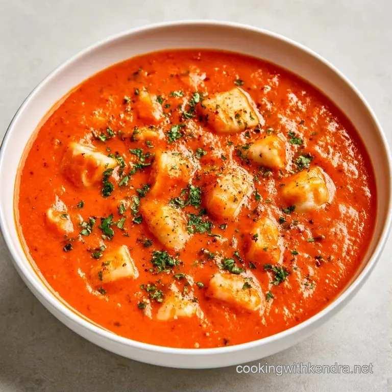 A white ceramic bowl of vibrant red soup topped with a swirl of cream and fresh basil leaves on a rustic table.