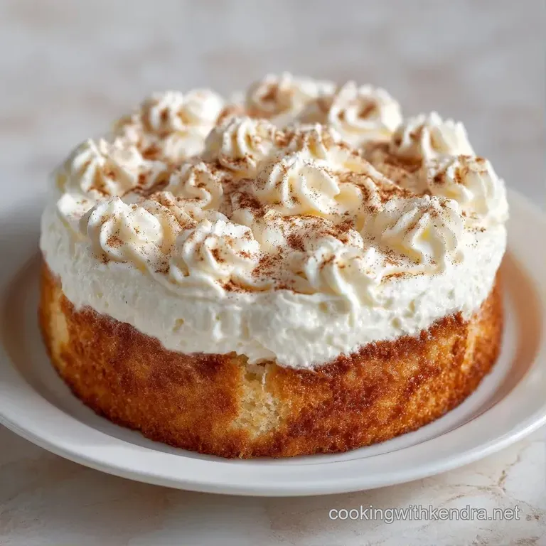 A slice of ivory-colored sponge cake on a porcelain plate, garnished with a cinnamon stick and a fresh mint leaf.