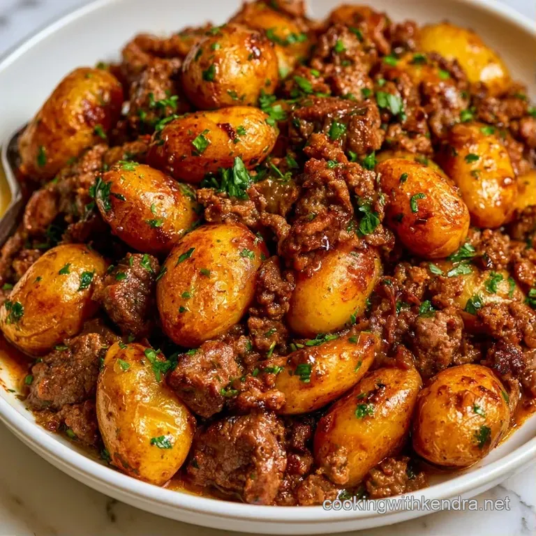 Tender beef chunks and roasted gold potatoes served in a white shallow bowl with a drizzle of creamy herb sauce.