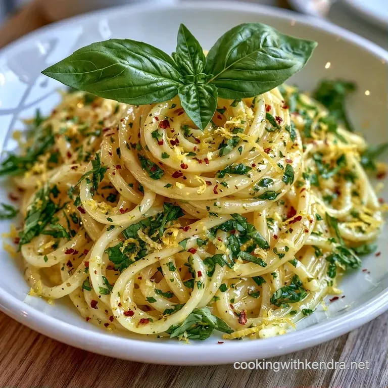 A tall swirl of glossy pasta topped with fresh basil and lemon slices on a white ceramic plate with soft lighting.