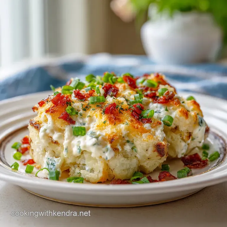 Elegant serving of loaded twice-baked potato casserole; fluffy interior and golden edges, topped with fresh herbs and melt...