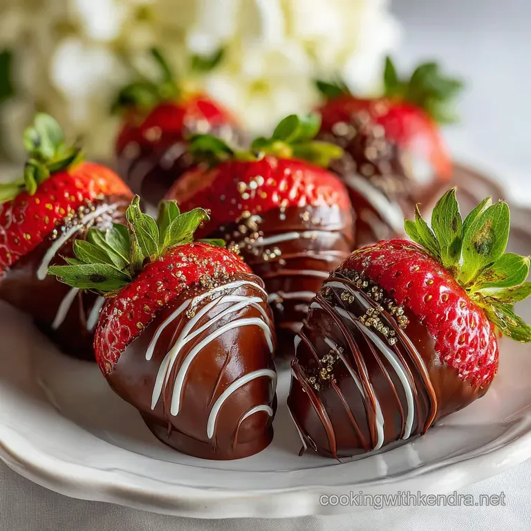 Elegant dessert plate featuring vibrant red strawberries dipped in shimmering dark chocolate, creating a visually stunning...