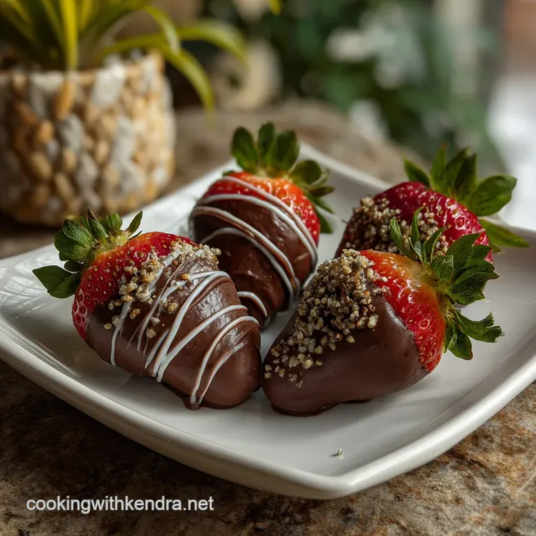 Elegant arrangement of chocolate-dipped strawberries, glistening with melted chocolate, artfully displayed on a white serv...