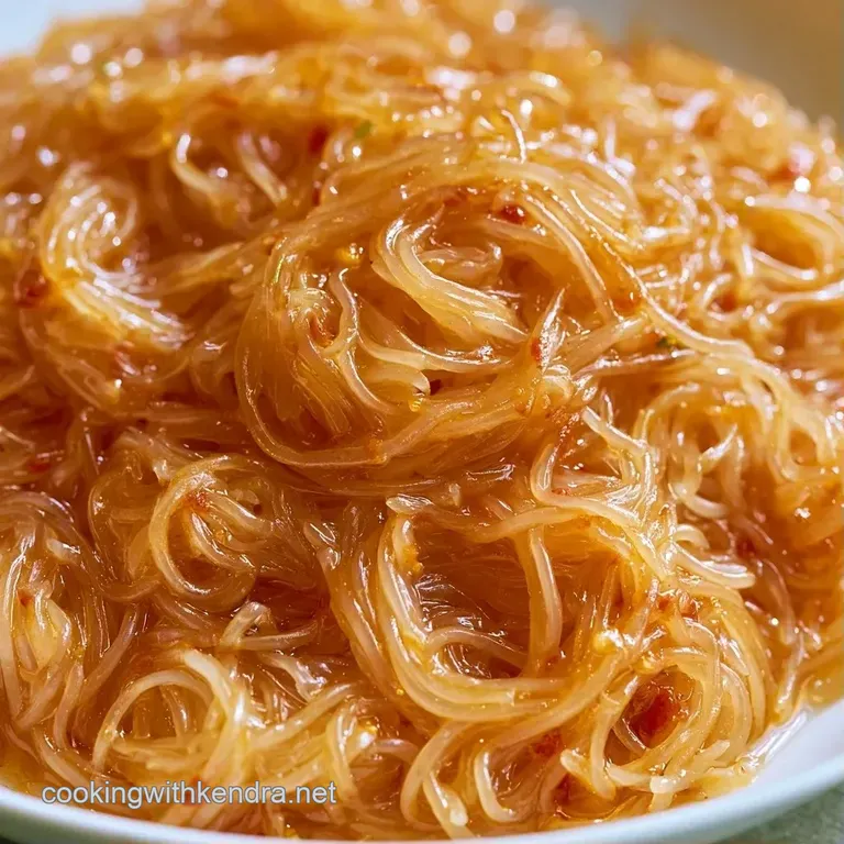 A ceramic bowl of stir-fried noodles topped with sliced scallions and sesame seeds on a dark slate background.