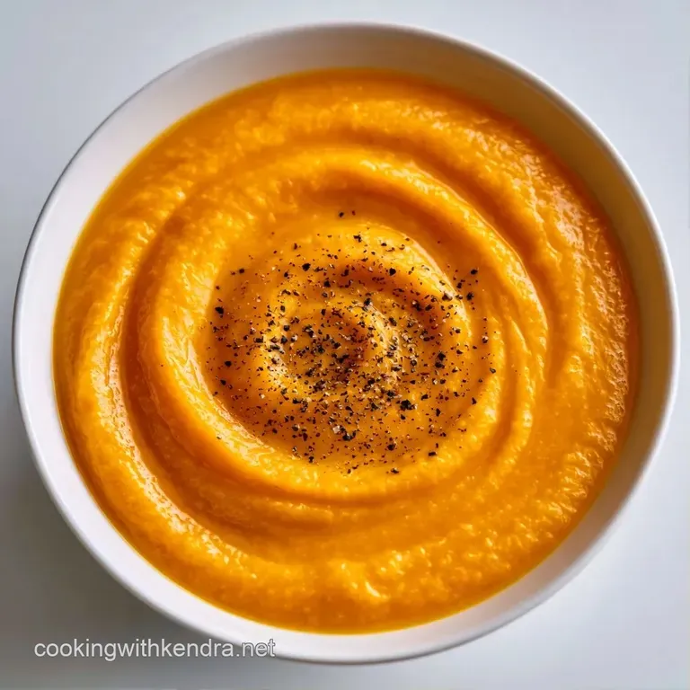 A minimalist white ceramic bowl of vibrant orange puree garnished with fresh chives and a sprinkle of cracked pepper.