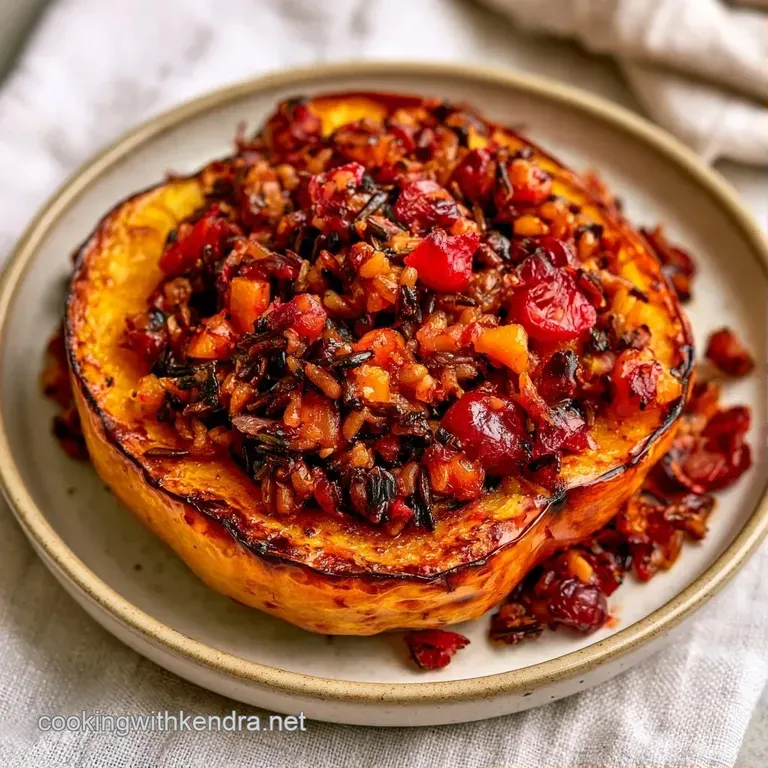 An orange roasted squash half filled with dark wild rice on a ceramic plate, garnished with a sprig of fresh thyme.